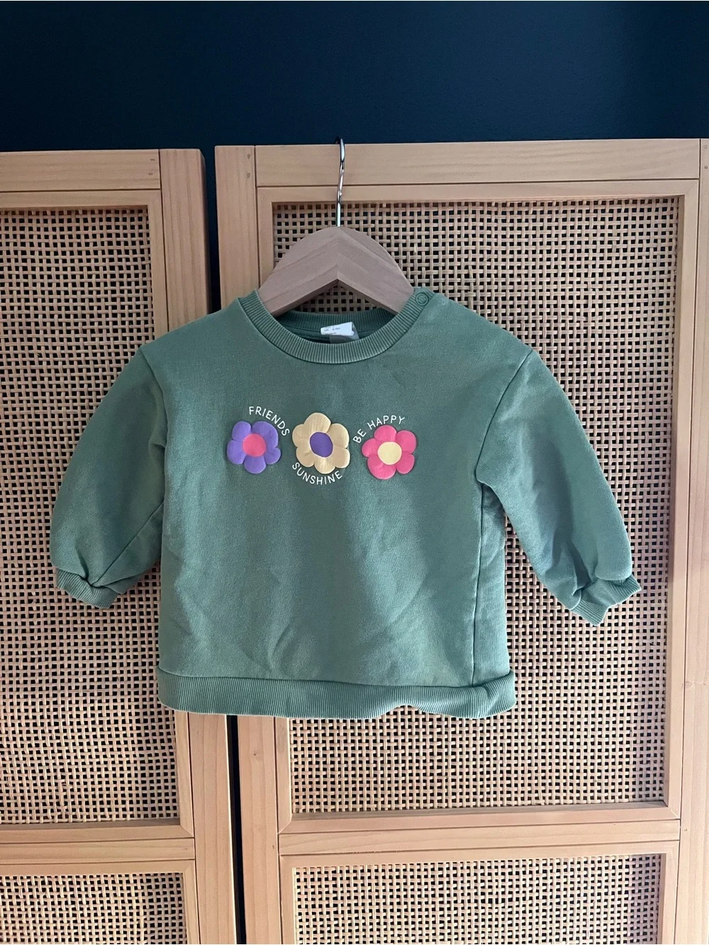 H&M 9M Green Sweatshirt with Colorful Flowers